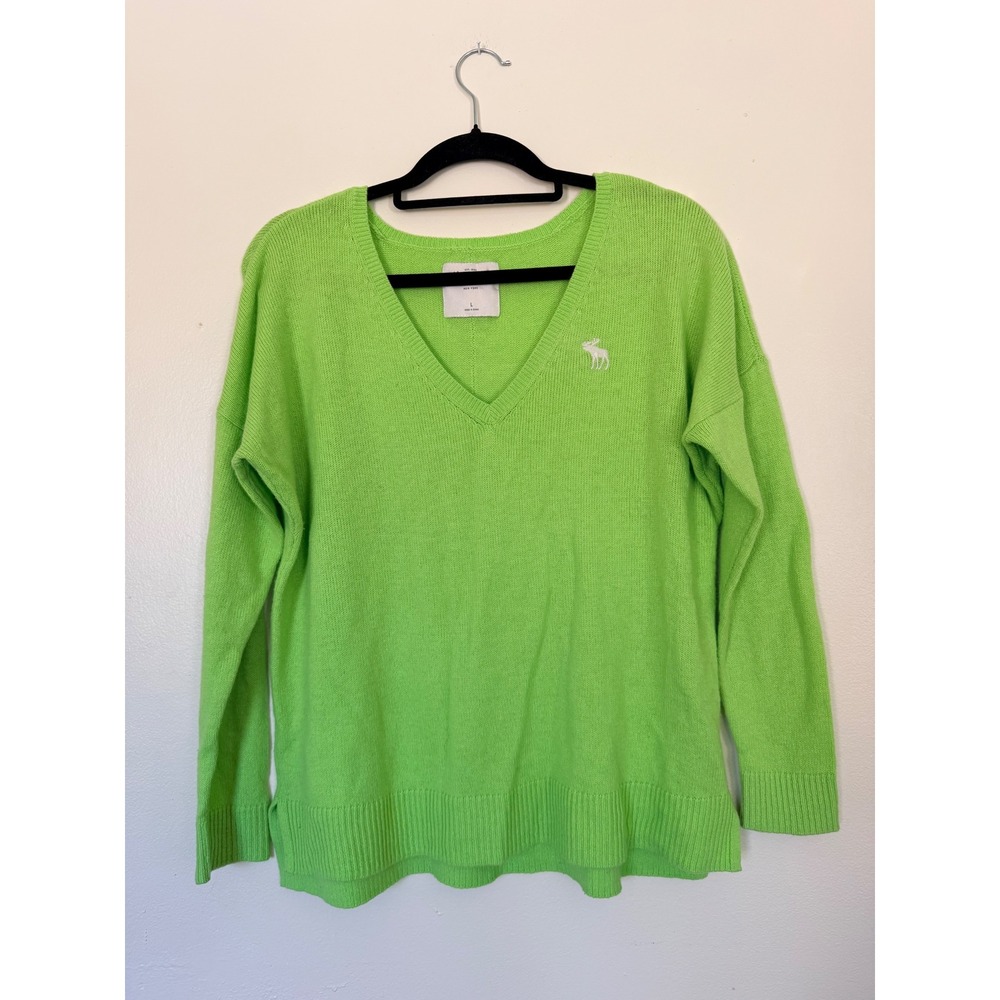 Abercrombie & Fitch Womens V-Neck Sweater Large Lime Green Wool Blend Y2K